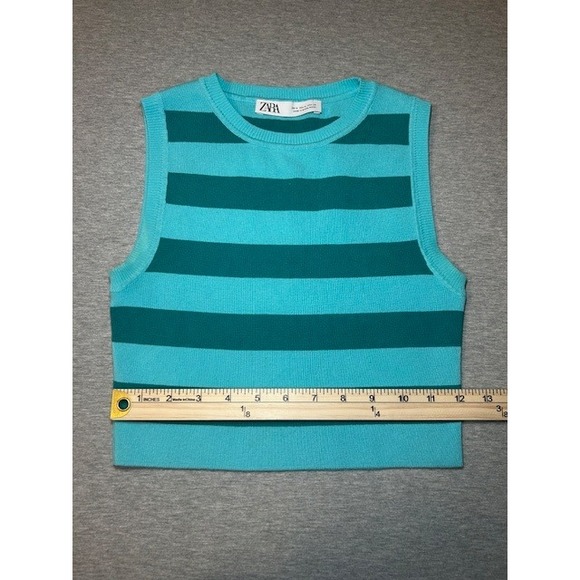 ZARA Women's Striped Sleeveless Knit Crop Top Blue Teal Size Medium - Picture 3 of 9